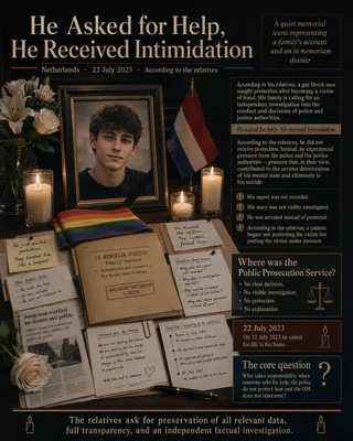 Herdenkingsillustratie bij een familieverhaal over gemelde politie-intimidatie, institutioneel falen en het verlies van een homoseksuele Nederlandse man