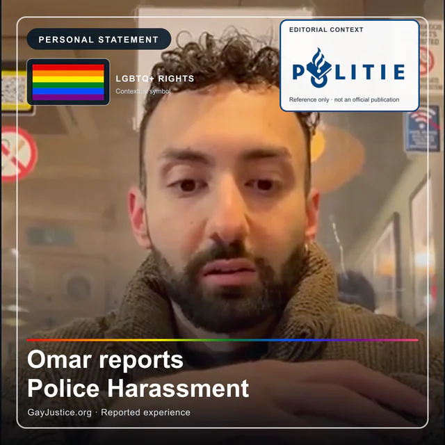 Geïllustreerde poster met een regenboogvlag, politiefiguren en tekst bij de persoonlijke verklaring van Omar