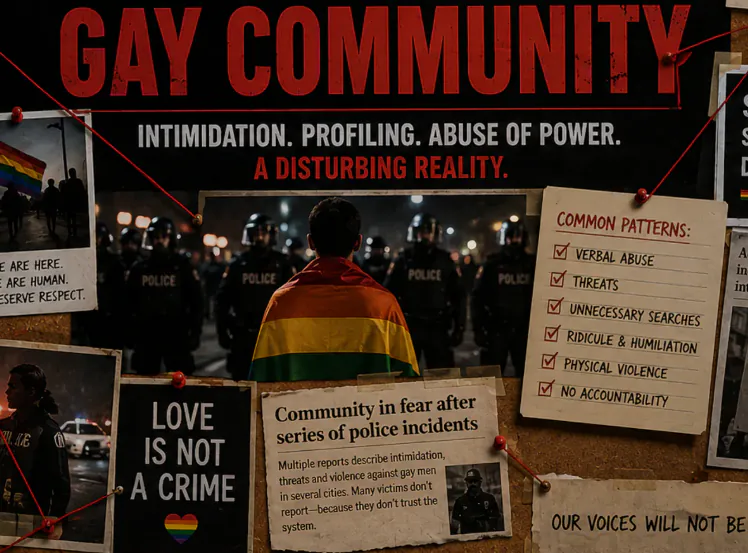 Geïllustreerde Amsterdamse protestscène met een regenboogvlag, politiefiguren en een GayJustice.org spandoek