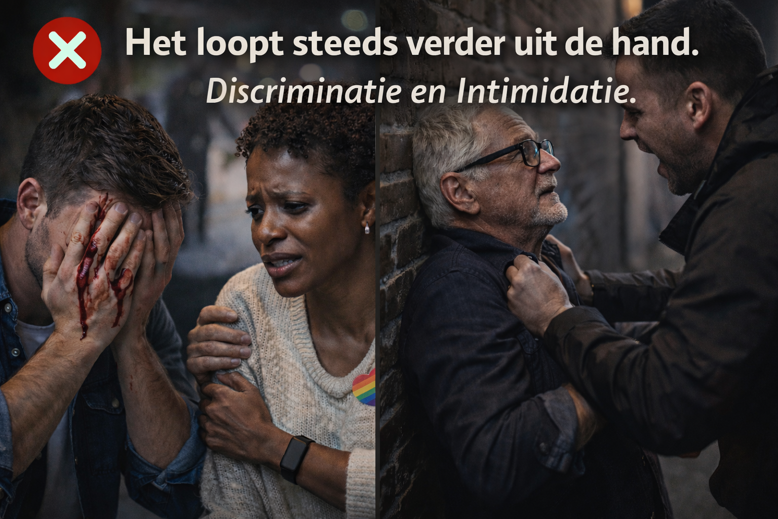 Visual representation of LHBTIQ+ discrimination and intimidation crisis - highlighting daily experiences of aggression, harassment, and mistreatment affecting the community